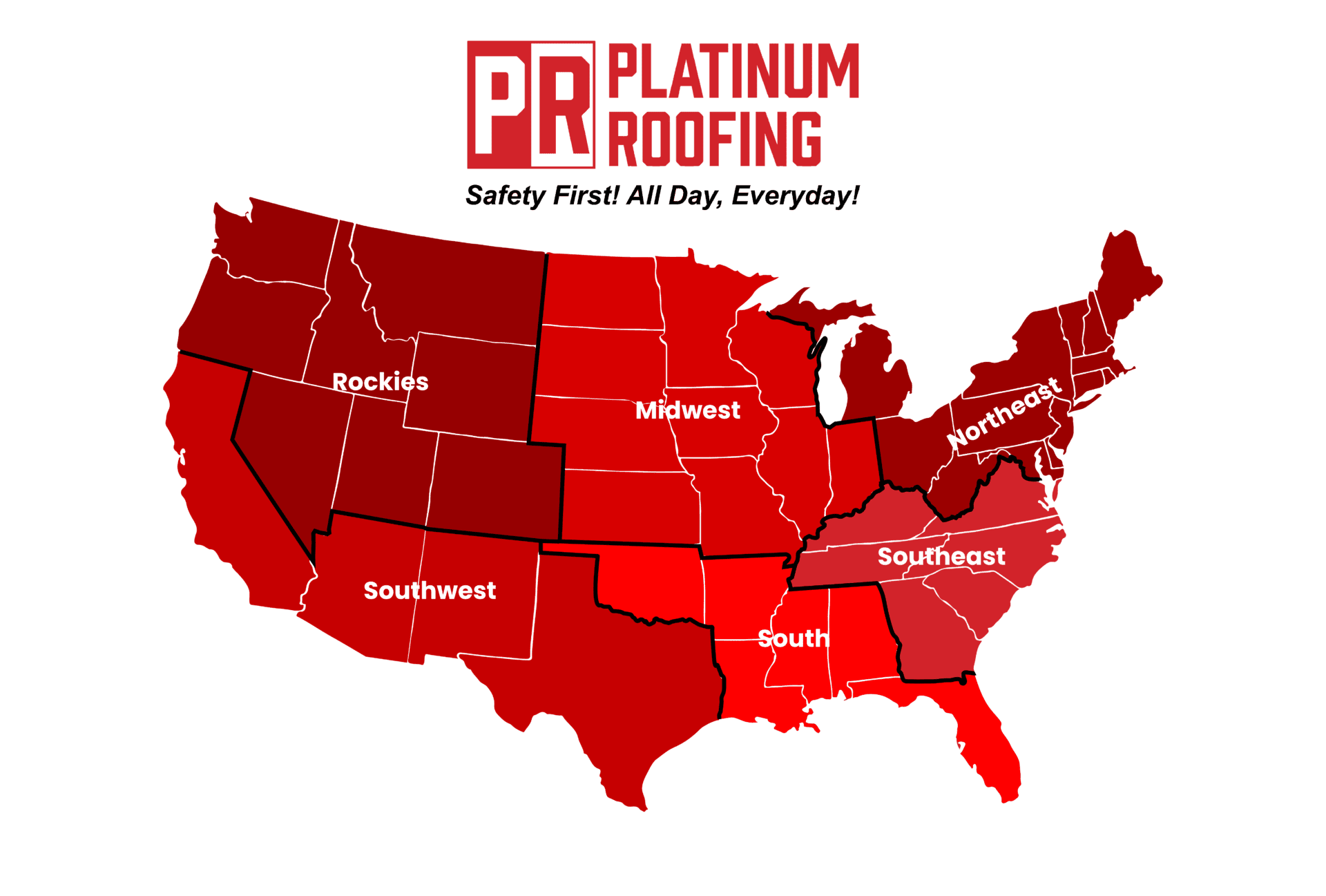 United States Map for Platinum roofing split into regions 